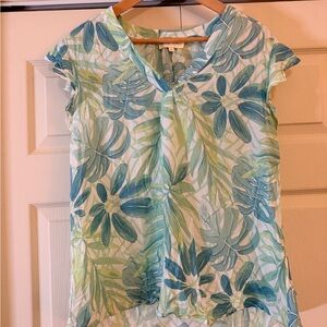 Tropical Leaf Print Ruffle Sleeve Blouse